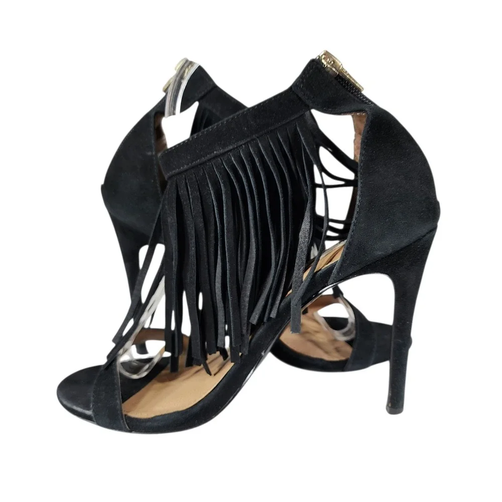 Steve Madden Fringe Stiletto Heel 7.5M Women Staarz Black Suede Ankle Strap Zip‎
